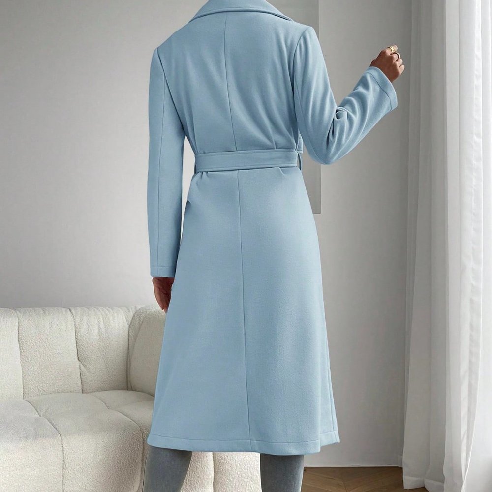 Baby Blue Preppy Womens Lapel Neck Dual Pocket Belted Overcoat - Picture 2 of 5